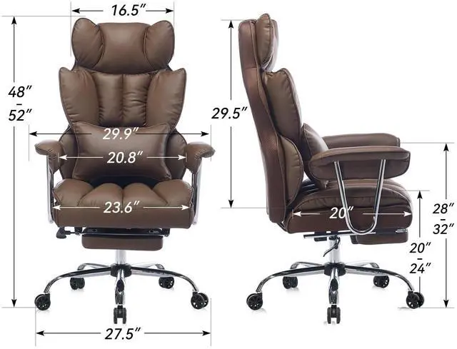 Alt view image 2 of 7 - Big and Tall Office Chair 400lbs - Heavy Duty Executive Desk Chair with Footrest, High Back PU Leather Ergonomic Computer Chair with Extra Wide Seat & Thick Cushion for Home Office (Brown)
