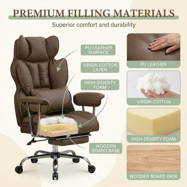 Alt view image 3 of 7 - Big and Tall Office Chair 400lbs - Heavy Duty Executive Desk Chair with Footrest, High Back PU Leather Ergonomic Computer Chair with Extra Wide Seat & Thick Cushion for Home Office (Brown)