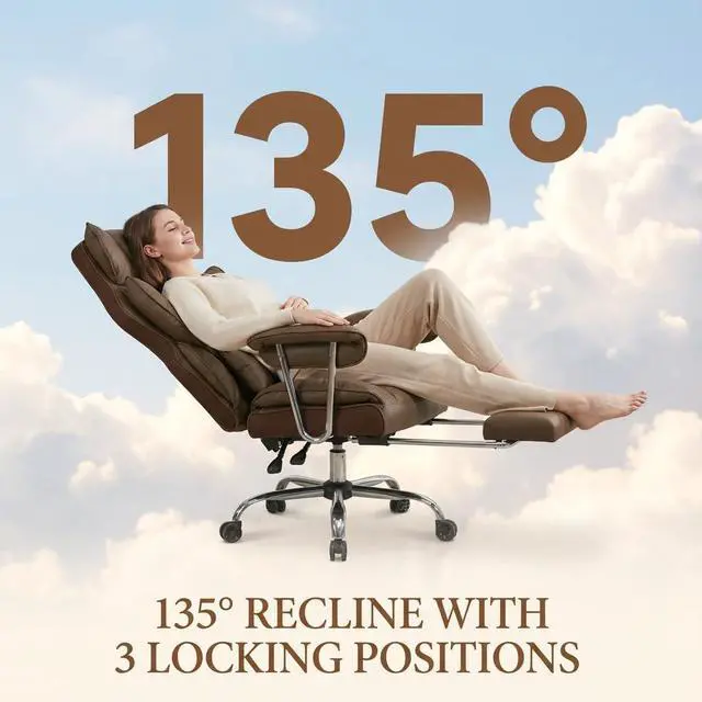 Alt view image 5 of 7 - Big and Tall Office Chair 400lbs - Heavy Duty Executive Desk Chair with Footrest, High Back PU Leather Ergonomic Computer Chair with Extra Wide Seat & Thick Cushion for Home Office (Brown)