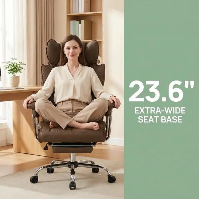 Alt view image 4 of 7 - Big and Tall Office Chair 400lbs - Heavy Duty Executive Desk Chair with Footrest, High Back PU Leather Ergonomic Computer Chair with Extra Wide Seat & Thick Cushion for Home Office (Brown)