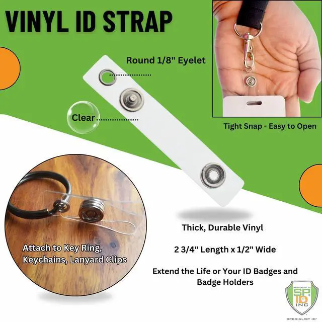 Alt view image 2 of 7 - Bulk 100 Pack - Clear Vinyl Plastic ID Badge Holder Strap with Snap & Eyelet Hole (Bulk Pack) Easily Attach to Lanyards & Key Rings - Badge Strap Attachment for Badges by