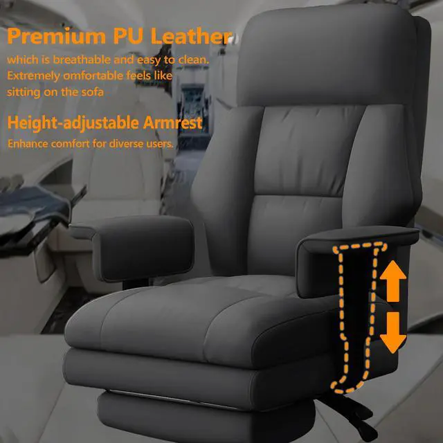 Alt view image 3 of 7 - Office Chair with Leg Rest, Leather High Back Executive Office Chair with Wheels, Ergonomic Desk Chairs with Lumbar Support for Home Office