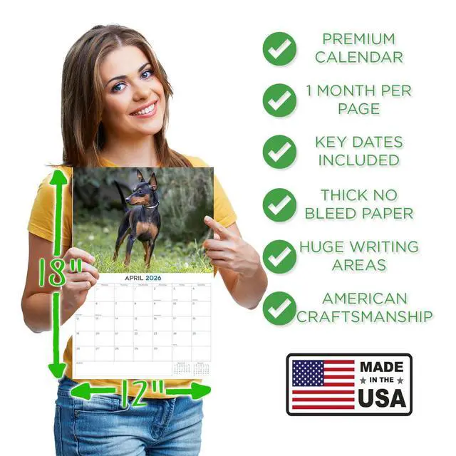 Alt view image 4 of 7 - Min Pin Calendar 2026 2027 14-Month Miniature Pinscher Wall Academic | Dog Lover Gift, Thick 100# No-Bleed Paper, Large Writing Blocks, Made in USA, King of Toys, Teacher Gift