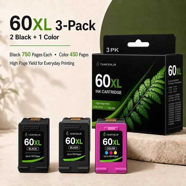 Alt view image 2 of 7 - 60XL Ink Cartridges Combo Pack 3-PK Replacement for HP Ink 60 60 XL Work for PhotoSmart C4780 C4680 C4795 C4640;Deskjet F4480 F4440 F2430;Envy 110 120 111 114 Printers (2 Black, 1 Tri-Color)