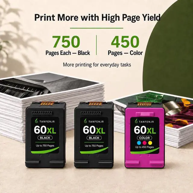 Alt view image 3 of 7 - 60XL Ink Cartridges Combo Pack 3-PK Replacement for HP Ink 60 60 XL Work for PhotoSmart C4780 C4680 C4795 C4640;Deskjet F4480 F4440 F2430;Envy 110 120 111 114 Printers (2 Black, 1 Tri-Color)