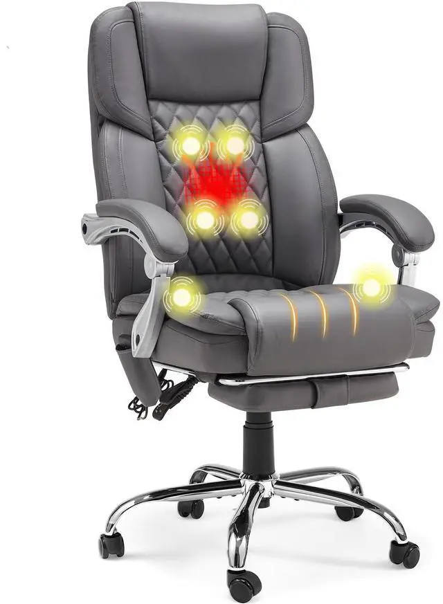 Main image of Heated Massage Executive Office Chair with Footrest, Grey | 6-Point Vibration Massage, Lumbar Heat,8 Vibration Modes,135° Recline Premium PU Leather Computer Office Desk Chair