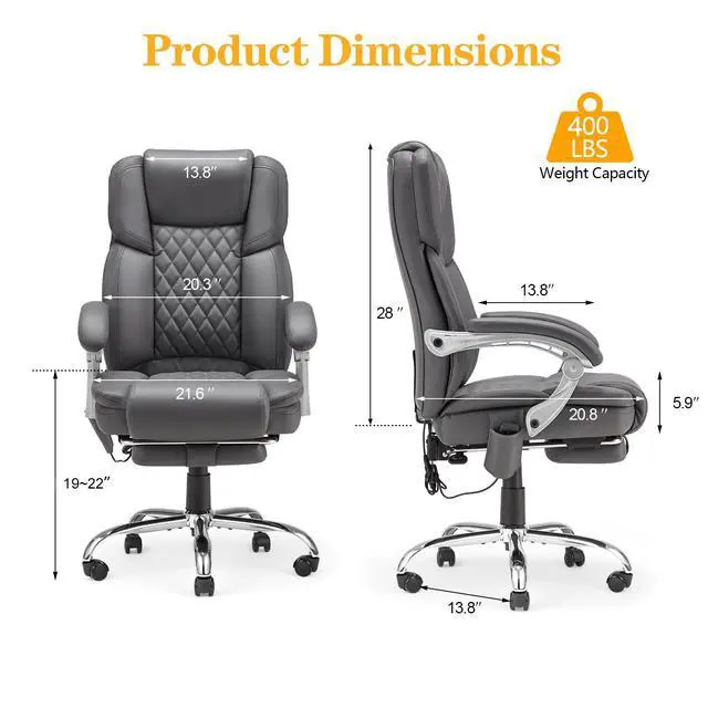 Alt view image 3 of 7 - Heated Massage Executive Office Chair with Footrest, Grey | 6-Point Vibration Massage, Lumbar Heat,8 Vibration Modes,135° Recline Premium PU Leather Computer Office Desk Chair