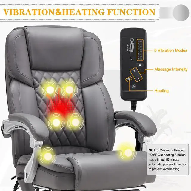 Alt view image 4 of 7 - Heated Massage Executive Office Chair with Footrest, Grey | 6-Point Vibration Massage, Lumbar Heat,8 Vibration Modes,135° Recline Premium PU Leather Computer Office Desk Chair