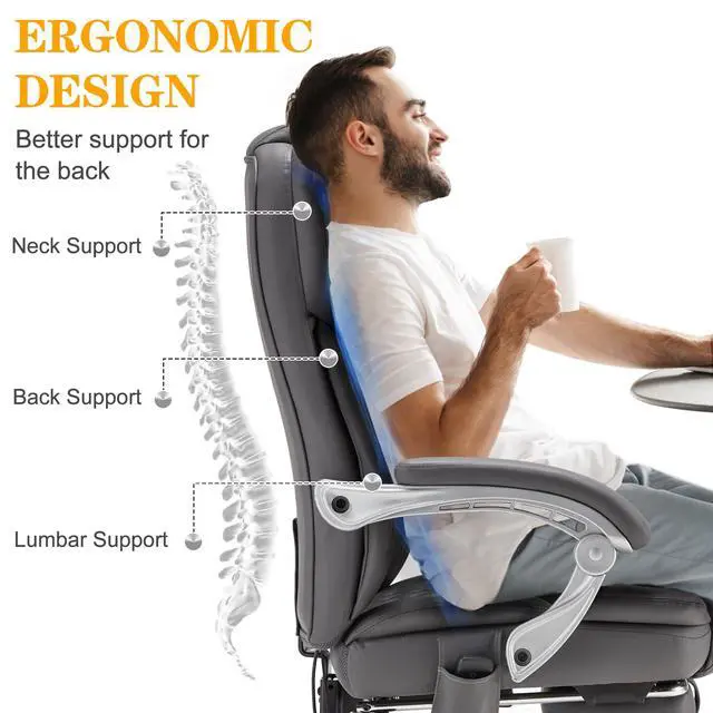Alt view image 5 of 7 - Heated Massage Executive Office Chair with Footrest, Grey | 6-Point Vibration Massage, Lumbar Heat,8 Vibration Modes,135° Recline Premium PU Leather Computer Office Desk Chair