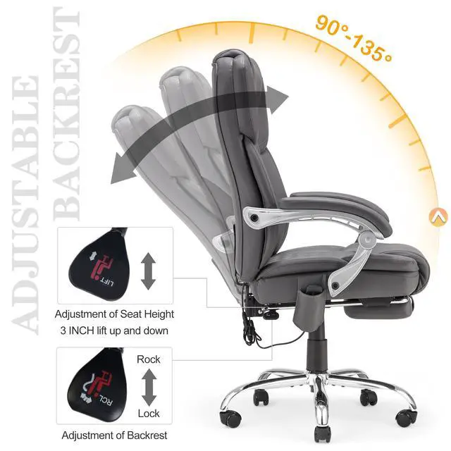 Alt view image 6 of 7 - Heated Massage Executive Office Chair with Footrest, Grey | 6-Point Vibration Massage, Lumbar Heat,8 Vibration Modes,135° Recline Premium PU Leather Computer Office Desk Chair