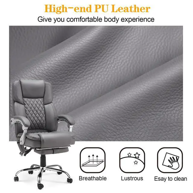 Alt view image 7 of 7 - Heated Massage Executive Office Chair with Footrest, Grey | 6-Point Vibration Massage, Lumbar Heat,8 Vibration Modes,135° Recline Premium PU Leather Computer Office Desk Chair