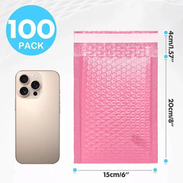 Alt view image 2 of 7 - Pink Bubble Mailers 6x8 Inch Padded Envelopes 100 Pack | Strong Self-Seal, Waterproof Poly Bag, Cushion Shipping Envelopes, for Mailing Jewelry & Makeup, Small Business Packaing