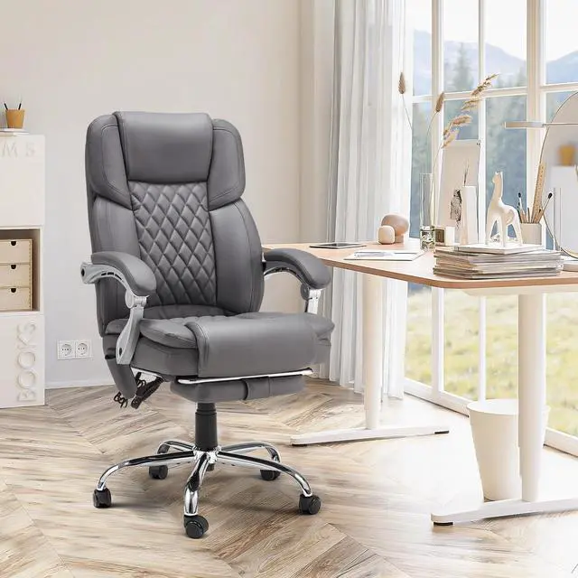 Alt view image 2 of 7 - Heated Massage Executive Office Chair with Footrest, Grey | 6-Point Vibration Massage, Lumbar Heat,8 Vibration Modes,135° Recline Premium PU Leather Computer Office Desk Chair