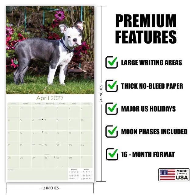 Alt view image 5 of 7 - Boston Terrier Calendar 2026-2027, 16-Month 12x12 Wall Calendar | 2026-2027 Calendar, Dog Lover Gift, Made in USA, Thick 100# No-Bleed Paper, Large Writing Blocks, 12x12, US Holidays