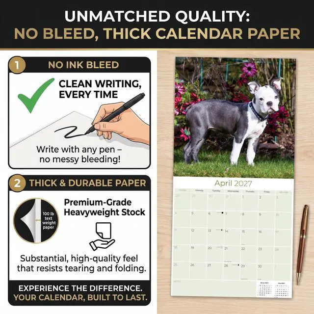 Alt view image 6 of 7 - Boston Terrier Calendar 2026-2027, 16-Month 12x12 Wall Calendar | 2026-2027 Calendar, Dog Lover Gift, Made in USA, Thick 100# No-Bleed Paper, Large Writing Blocks, 12x12, US Holidays
