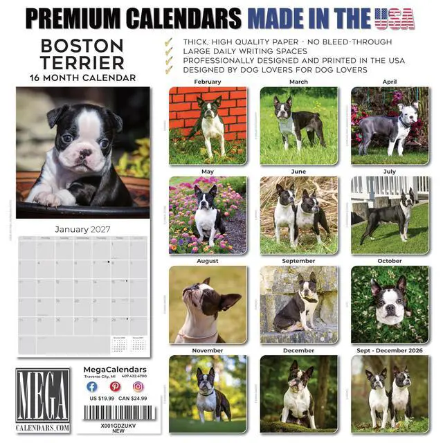 Alt view image 7 of 7 - Boston Terrier Calendar 2026-2027, 16-Month 12x12 Wall Calendar | 2026-2027 Calendar, Dog Lover Gift, Made in USA, Thick 100# No-Bleed Paper, Large Writing Blocks, 12x12, US Holidays