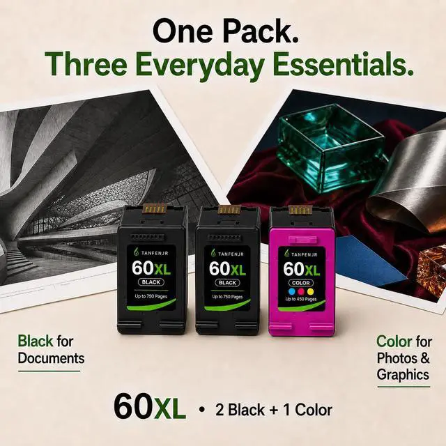 Alt view image 7 of 7 - 60XL Ink Cartridges Combo Pack 3-PK Replacement for HP Ink 60 60 XL Work for PhotoSmart C4780 C4680 C4795 C4640;Deskjet F4480 F4440 F2430;Envy 110 120 111 114 Printers (2 Black, 1 Tri-Color)