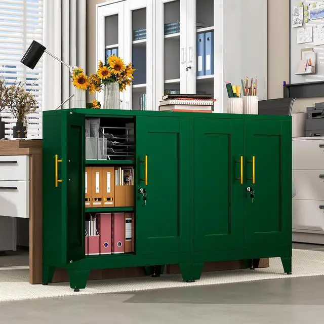 Alt view image 2 of 7 - 35.43" Metal Storage Cabinet with Lock, Metal File Cabinet with 2 Doors 2 Adjustable Shelves, Steel Locker Utility Tool Garage Cabinets for Home, Office, Warehouse (Green)