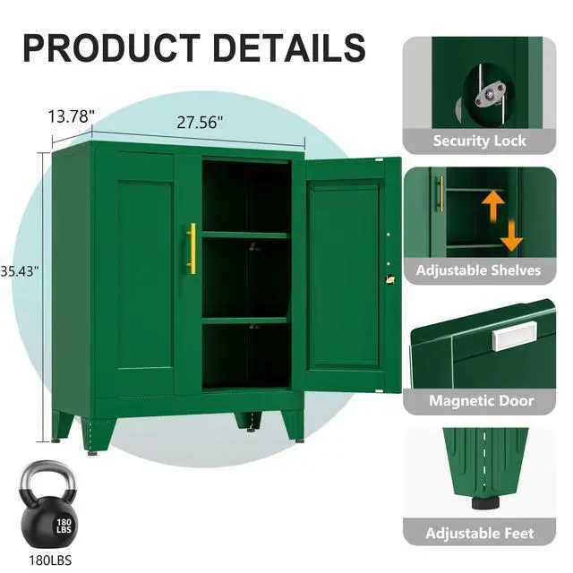 Alt view image 3 of 7 - 35.43" Metal Storage Cabinet with Lock, Metal File Cabinet with 2 Doors 2 Adjustable Shelves, Steel Locker Utility Tool Garage Cabinets for Home, Office, Warehouse (Green)