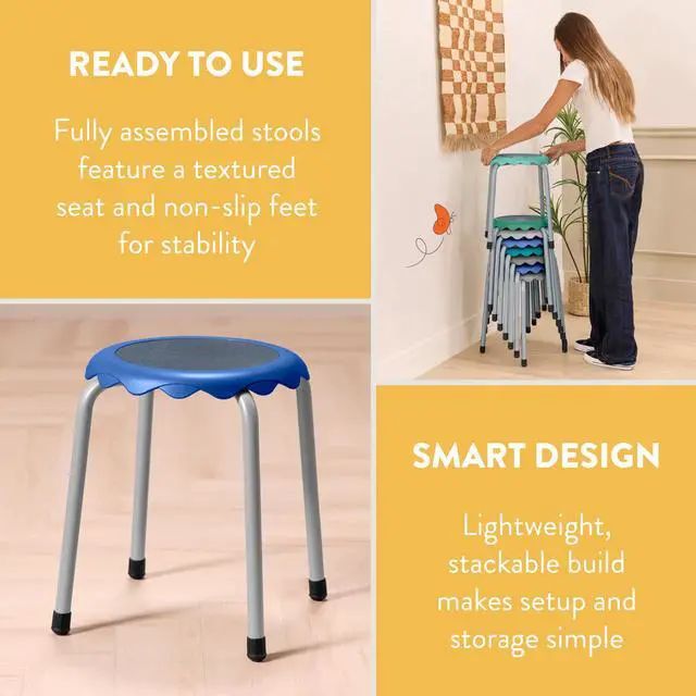 Alt view image 5 of 7 - Stackable Stool Set, 17in Height, 8-Piece, Contemporary | Durable plastic & steel, GREENGUARD Gold Certified, 13 years +, 275 lb capacity, fully assembled, glides, classroom/home use