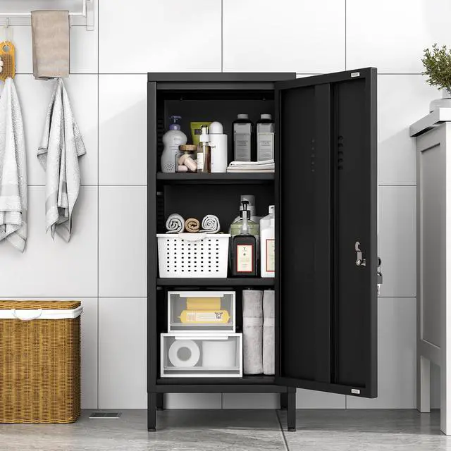 Alt view image 7 of 7 - 35.43" Black Lockable Small Metal Storage Locker | Employees Locker with 1 Door & 2 Adjustable Shelves, Steel Cabinet for Employees, Home, School, Office & Gym