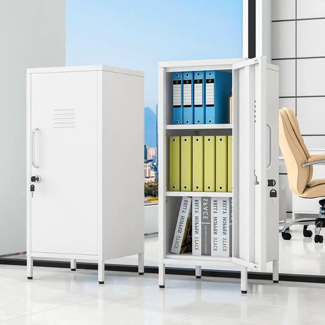Alt view image 2 of 7 - 35.43" White Lockable Small Metal Storage Locker | Employees Locker with 1 Door & 2 Adjustable Shelves, Steel Cabinet for Employees, Home, School, Office & Gym