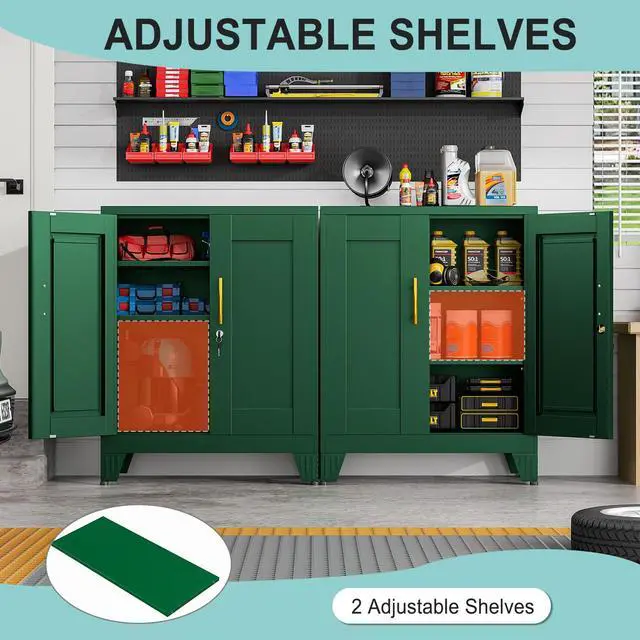 Alt view image 5 of 7 - 35.43" Metal Storage Cabinet with Lock, Metal File Cabinet with 2 Doors 2 Adjustable Shelves, Steel Locker Utility Tool Garage Cabinets for Home, Office, Warehouse (Green)