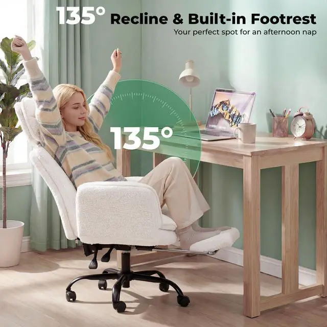 Alt view image 7 of 7 - Criss Cross Office Chair with Armrests & Wheels, Comfy Velvet Vanity Chair, Ergonomic Executive Gaming Computer Chairs with Foot Rest, Wide Seat Reclining Desk Chair, White