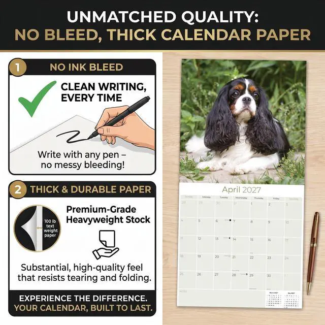 Alt view image 6 of 7 - Cavalier King Charles Calendar 2026-2027, 16-Month 12x12 Wall Calendar | 2026-2027 Calendar, Dog Lover Gift, Made in USA, Thick 100# No-Bleed Paper, Large Writing Blocks, 12x12, US Holidays