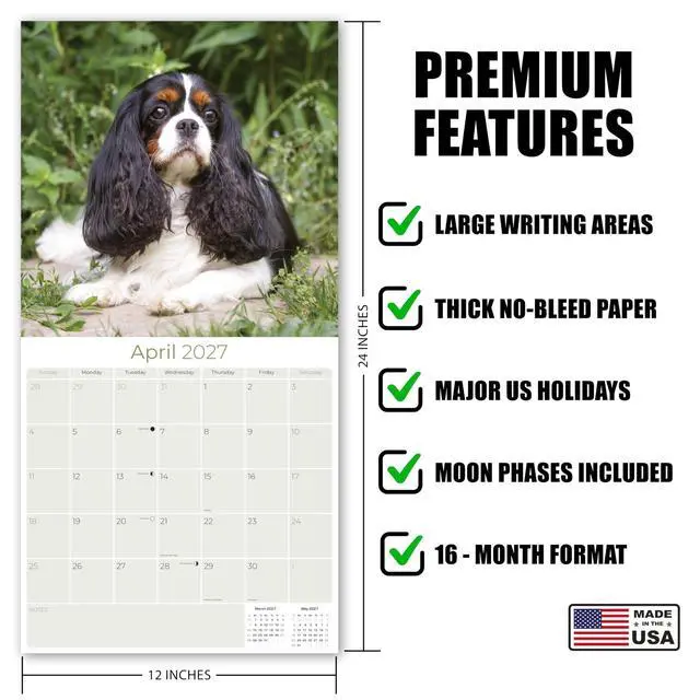 Alt view image 5 of 7 - Cavalier King Charles Calendar 2026-2027, 16-Month 12x12 Wall Calendar | 2026-2027 Calendar, Dog Lover Gift, Made in USA, Thick 100# No-Bleed Paper, Large Writing Blocks, 12x12, US Holidays