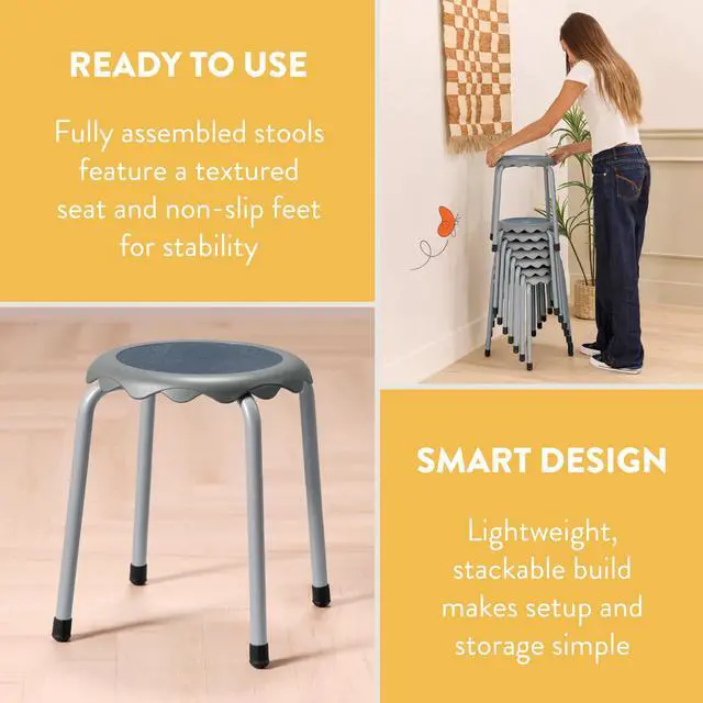 Alt view image 5 of 7 - Stackable Stool Set, 17in Height, 8-Piece, Grey | Durable plastic & steel, GREENGUARD Gold Certified, 13 years +, 275 lb capacity, fully assembled, glides, classroom/home use