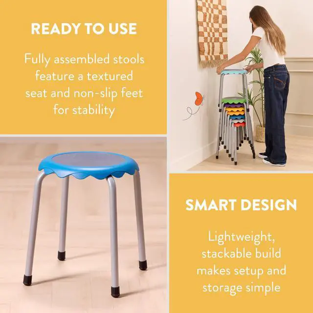 Alt view image 5 of 7 - Stackable Stool Set, 17in Height, 8-Piece, Assorted | Durable plastic & steel, GREENGUARD Gold Certified, 13 years +, 275 lb capacity, fully assembled, glides, classroom/home use