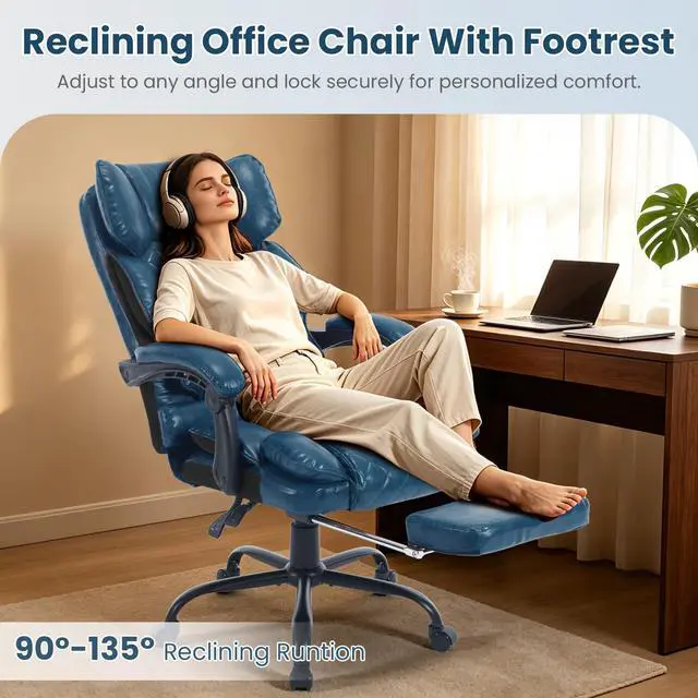 Alt view image 3 of 7 - Reclining Ergonomic Office Chair with Footrest, Blue | Big Tall Recliner Executive Desk Chair, Lumbar Support, 400lbs, Heavy Duty, Vintage Leather, High Back