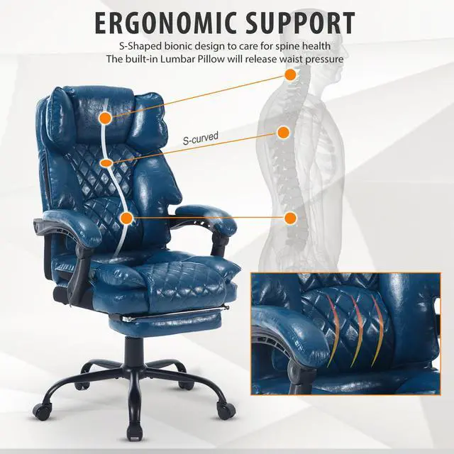 Alt view image 4 of 7 - Reclining Ergonomic Office Chair with Footrest, Blue | Big Tall Recliner Executive Desk Chair, Lumbar Support, 400lbs, Heavy Duty, Vintage Leather, High Back