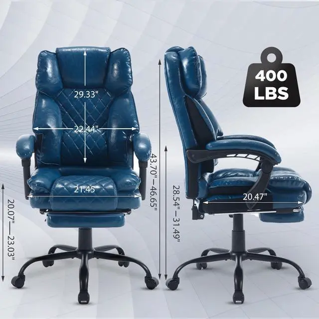 Alt view image 2 of 7 - Reclining Ergonomic Office Chair with Footrest, Blue | Big Tall Recliner Executive Desk Chair, Lumbar Support, 400lbs, Heavy Duty, Vintage Leather, High Back