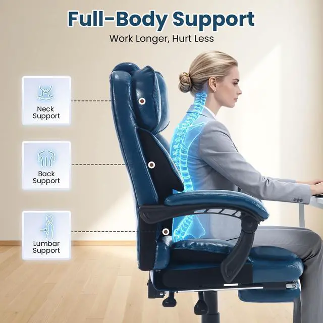 Alt view image 6 of 7 - Reclining Ergonomic Office Chair with Footrest, Blue | Big Tall Recliner Executive Desk Chair, Lumbar Support, 400lbs, Heavy Duty, Vintage Leather, High Back