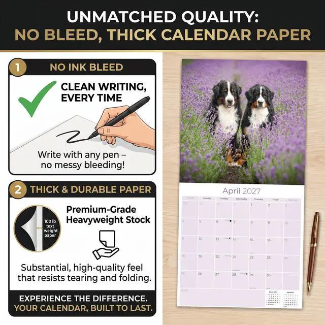 Alt view image 6 of 7 - Bernese Mountain Dog Calendar 2026-2027, 16-Month 12x12 Wall Calendar | 2026-2027 Calendar, Dog Lover Gift, Made in USA, Thick 100# No-Bleed Paper, Large Writing Blocks, 12x12, US Holidays