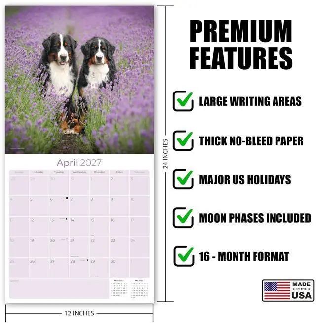 Alt view image 5 of 7 - Bernese Mountain Dog Calendar 2026-2027, 16-Month 12x12 Wall Calendar | 2026-2027 Calendar, Dog Lover Gift, Made in USA, Thick 100# No-Bleed Paper, Large Writing Blocks, 12x12, US Holidays