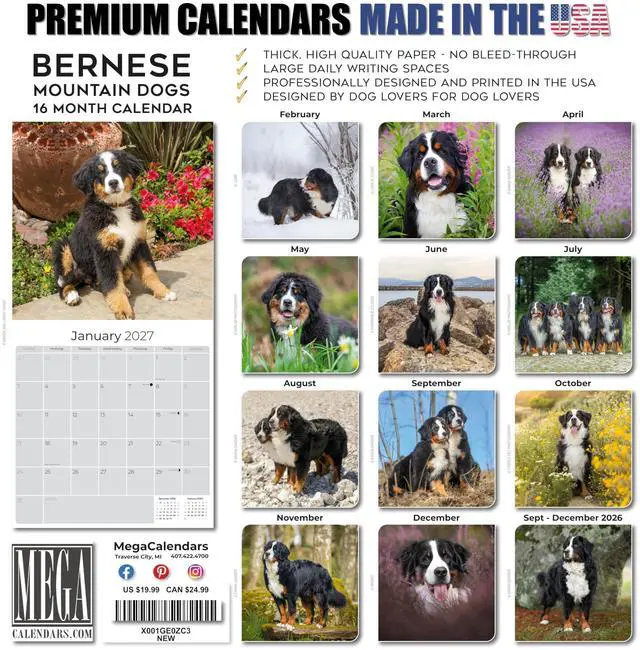 Alt view image 7 of 7 - Bernese Mountain Dog Calendar 2026-2027, 16-Month 12x12 Wall Calendar | 2026-2027 Calendar, Dog Lover Gift, Made in USA, Thick 100# No-Bleed Paper, Large Writing Blocks, 12x12, US Holidays