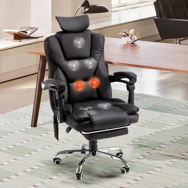 Alt view image 2 of 7 - Ergonomic Reclining Office Chair with 7 Massage Points and Heat Function, Executive Home Desk Chair w/Retractable Footrest&Headrest, High Back Swivel Computer Chair, Black Leather