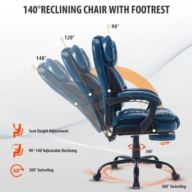 Alt view image 7 of 7 - Reclining Ergonomic Office Chair with Footrest, Blue | Big Tall Recliner Executive Desk Chair, Lumbar Support, 400lbs, Heavy Duty, Vintage Leather, High Back