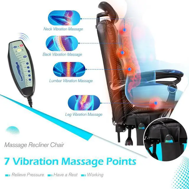 Alt view image 4 of 7 - Ergonomic Reclining Office Chair with 7 Massage Points and Heat Function, Executive Home Desk Chair w/Retractable Footrest&Headrest, High Back Swivel Computer Chair, Black Leather