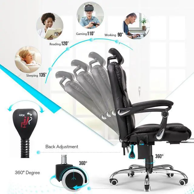 Alt view image 6 of 7 - Ergonomic Reclining Office Chair with 7 Massage Points and Heat Function, Executive Home Desk Chair w/Retractable Footrest&Headrest, High Back Swivel Computer Chair, Black Leather