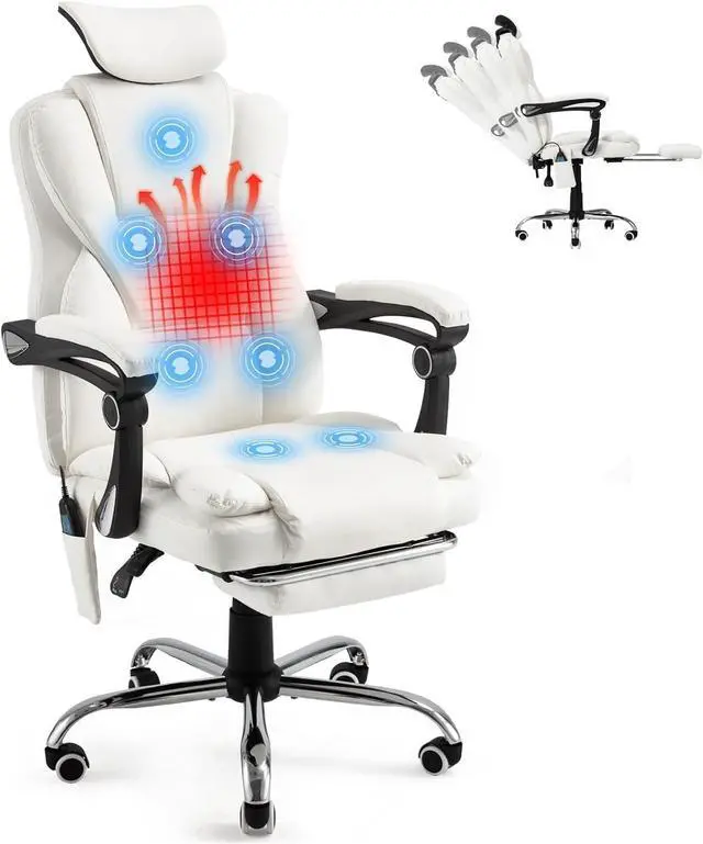 Main image of Massage and Heat Office Chair with 7 Points, Ergonomic Reclining Office Chair Executive Home Desk Chair w/Retractable Footrest&Headrest, Cream White Leather