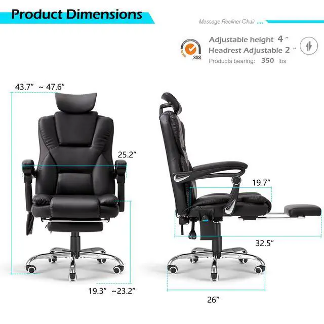 Alt view image 3 of 7 - Ergonomic Reclining Office Chair with 7 Massage Points and Heat Function, Executive Home Desk Chair w/Retractable Footrest&Headrest, High Back Swivel Computer Chair, Black Leather