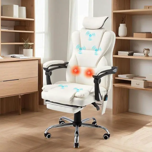 Alt view image 2 of 7 - Massage and Heat Office Chair with 7 Points, Ergonomic Reclining Office Chair Executive Home Desk Chair w/Retractable Footrest&Headrest, Cream White Leather