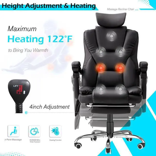 Alt view image 5 of 7 - Ergonomic Reclining Office Chair with 7 Massage Points and Heat Function, Executive Home Desk Chair w/Retractable Footrest&Headrest, High Back Swivel Computer Chair, Black Leather