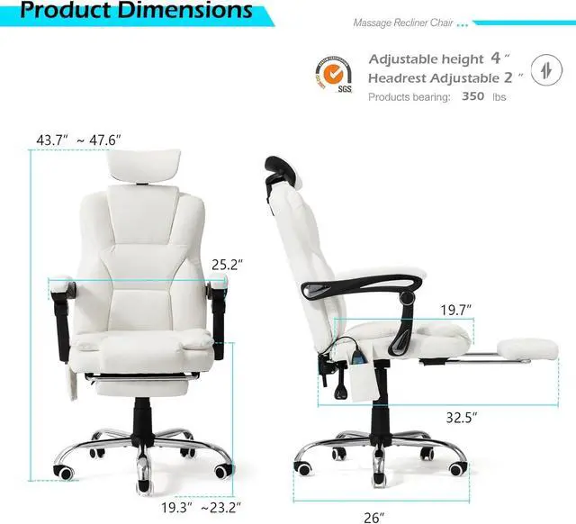 Alt view image 3 of 7 - Massage and Heat Office Chair with 7 Points, Ergonomic Reclining Office Chair Executive Home Desk Chair w/Retractable Footrest&Headrest, Cream White Leather