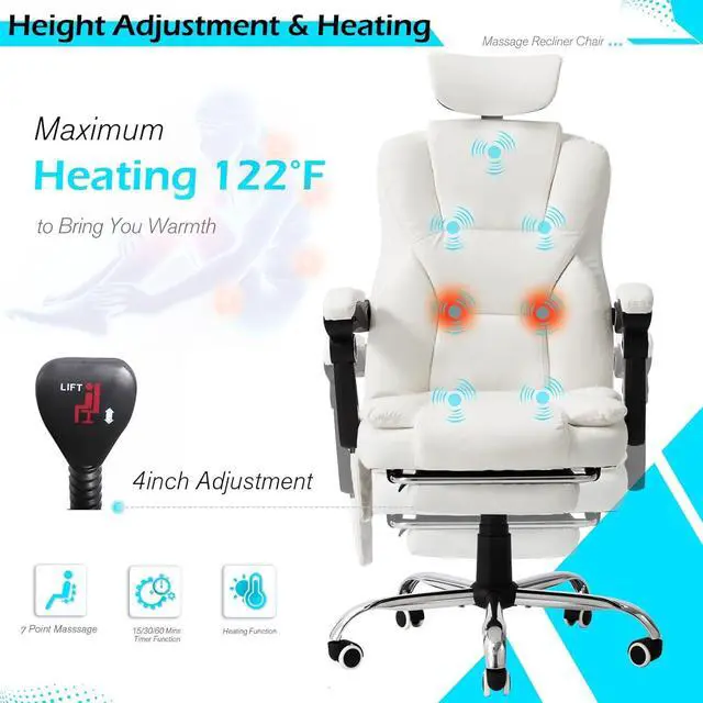 Alt view image 5 of 7 - Massage and Heat Office Chair with 7 Points, Ergonomic Reclining Office Chair Executive Home Desk Chair w/Retractable Footrest&Headrest, Cream White Leather