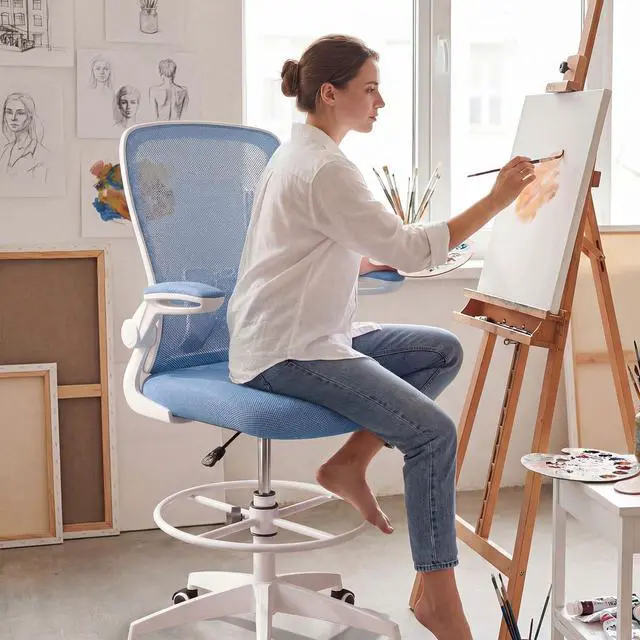 Alt view image 2 of 7 - Ergonomic Drafting Chair Tall Office Chair with Flip-Up Armrests Footrest Ring Height Adjustable Executive Task Chair Mesh Computer Standing Desk Chair Lumbar Support for Home Office (2, Blue)